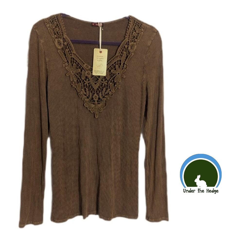 Y2k NWT T Party Brown Mineral Wash Lace Neck Ribbed Long Sleeve Top XL Fairy